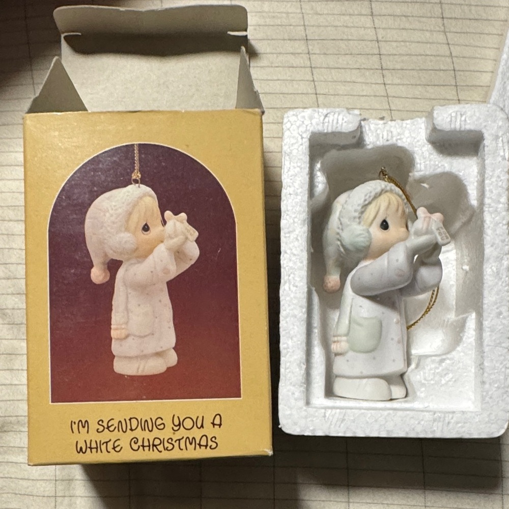 1987 Precious Moments “I’m Sending You A White Christmas”White and Gold Ornament